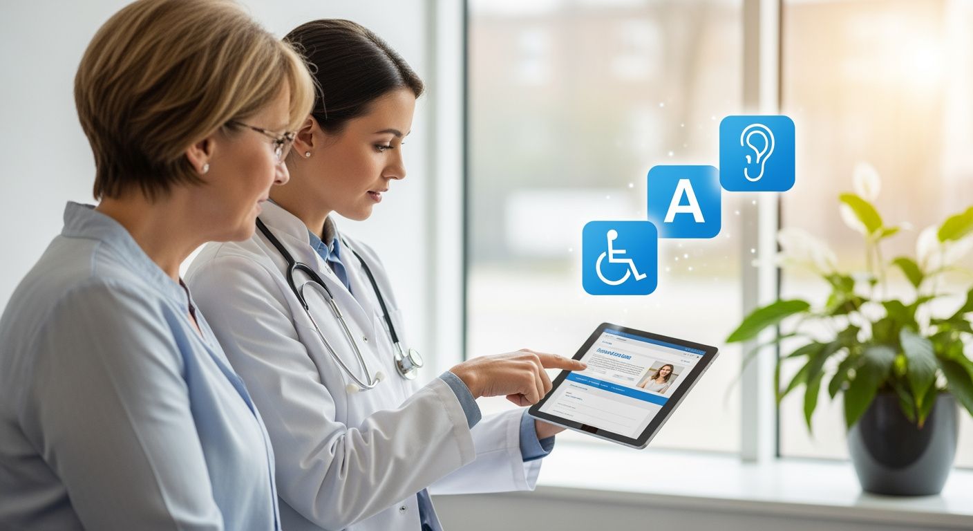 Modernes Barrierefreiheits-Widget-Panel auf einer Arzt-Website mit Kontrast-, Schrift- und Sprachoptionen