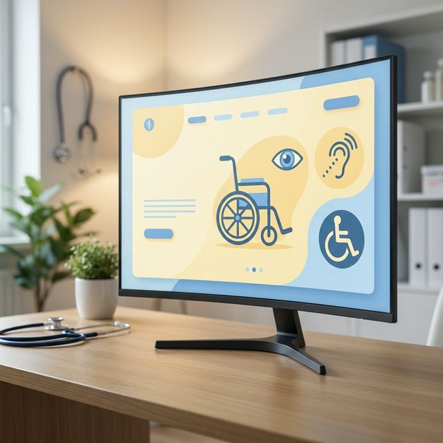 Monitor in einer Arztpraxis zeigt eine barrierefreie Website mit Rollstuhl-, Auge- und Ohren-Symbolen