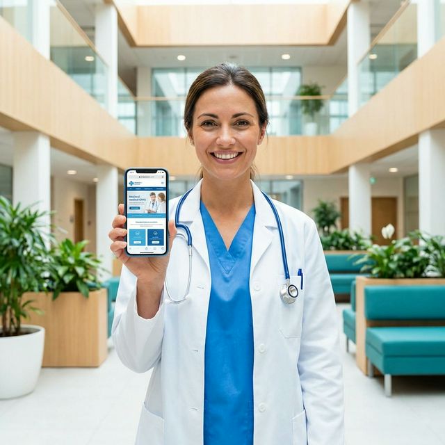 Ärztin hält ein Smartphone mit einer professionellen Praxis-Website in der Hand, modernes Krankenhaus im Hintergrund