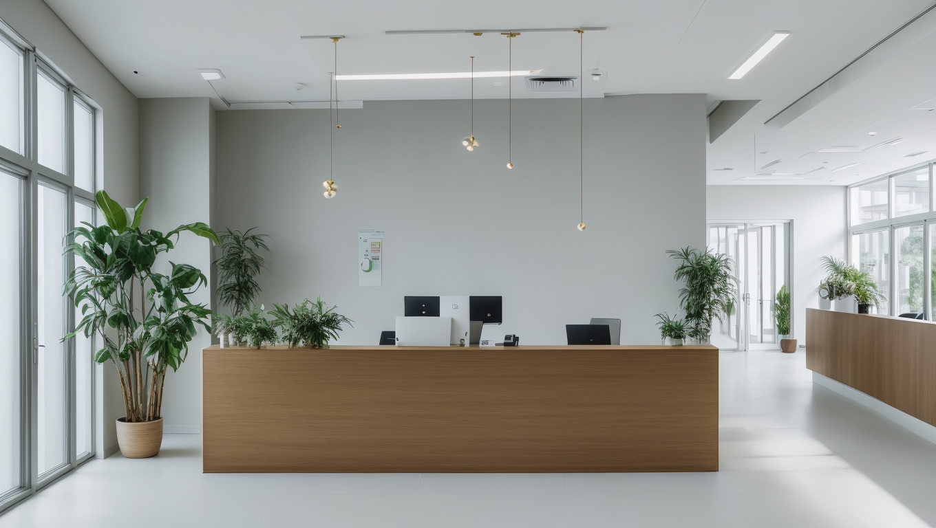 Arzt blickt auf einen Bildschirm mit Google-Bewertungen und Sternen, professionelle Praxisumgebung im Hintergrund