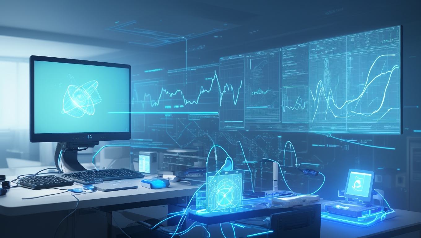 Moderne Arztpraxis mit verschiedenen KI-Anwendungen auf Bildschirmen – Terminmanagement, Dokumentation und digitaler Empfang