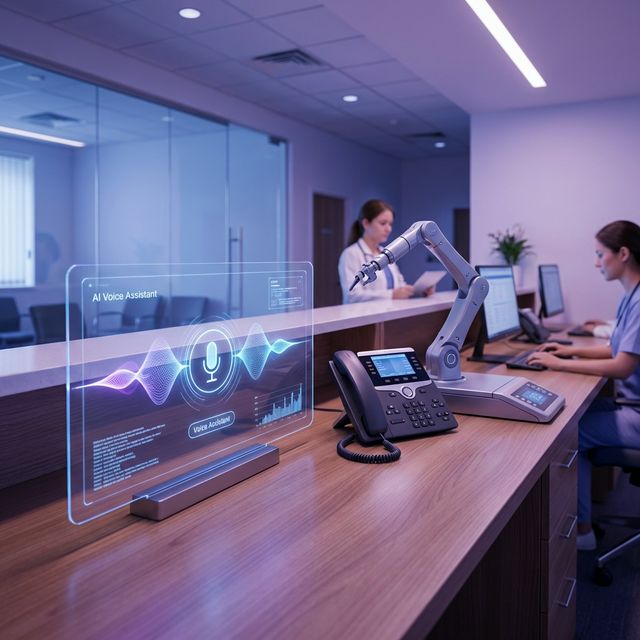 KI-Sprachassistent-Interface neben einem Telefon am Empfangstrisch einer Arztpraxis mit futuristischer Benutzeroberfläche
