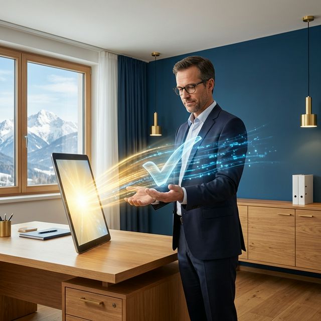 Unternehmer empfängt symbolische digitale Förderung aus einem Laptop, österreichische Alpen im Hintergrund durch ein Fenster