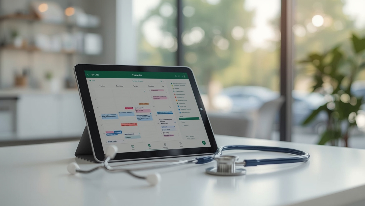 Patientin bucht auf dem Smartphone einen Arzttermin online, im Hintergrund eine moderne Arztpraxis mit Empfangsbereich