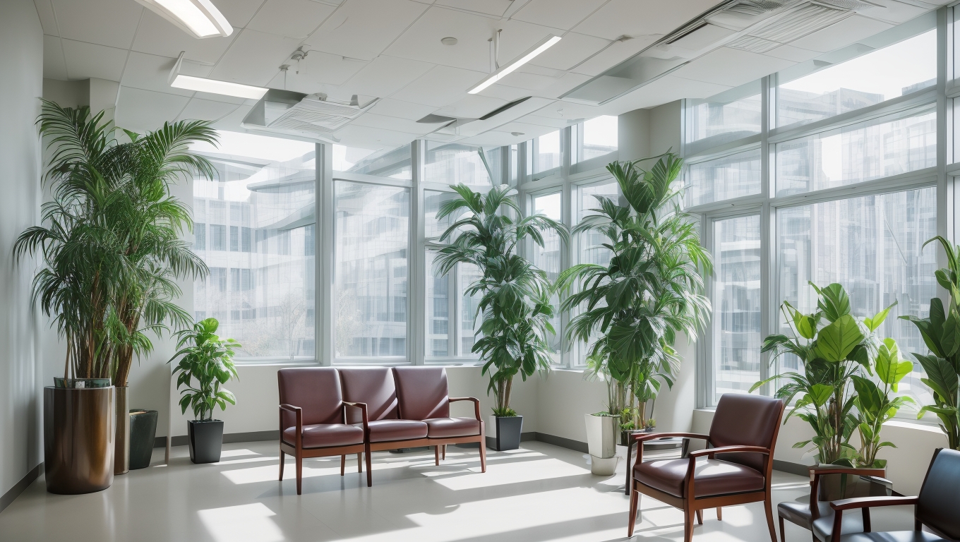 Wahlarzt-Ordination mit modernem Empfangsbereich, im Vordergrund ein Tablet mit Patientenanfragen und positiven Google-Bewertungen