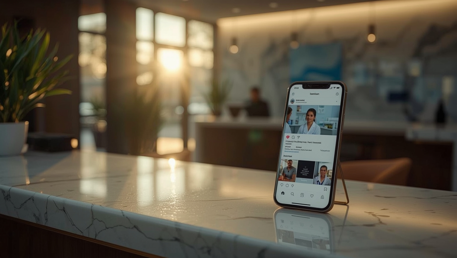 Ärztin hält ein Smartphone mit Social-Media-App, im Hintergrund eine moderne Ordination mit Pflanzen und Tageslicht