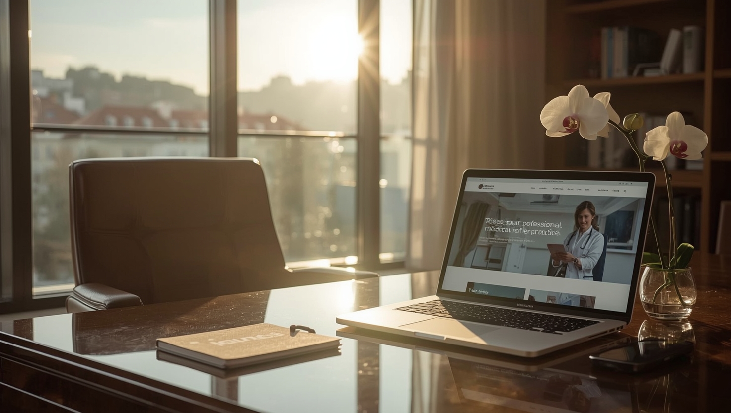 Modernes Smartphone zeigt eine professionelle Arzt-Website mit Online-Terminbuchung, im Hintergrund eine helle Wahlarzt-Ordination