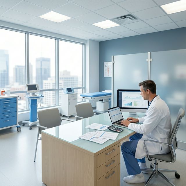 Arzt am Schreibtisch vor Laptop und Monitor mit Kostendiagrammen, modernes Ordinationszimmer mit Panoramafenster