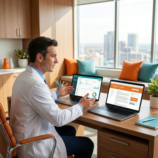 Arzt sitzt selbstbewusst vor zwei Laptops mit verschiedenen Websites, modernes helles Büro mit orange-grüner Einrichtung